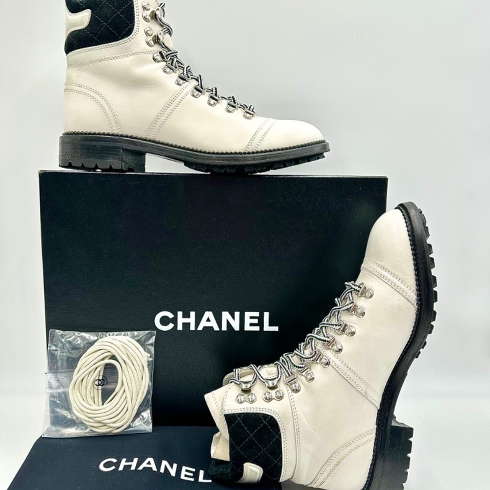 CHANEL White and Black Quilted Lace-Up Combat Booties